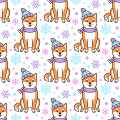 Seamless pattern with dog shiba inu in hat and scarf with snowflakes, on white background. Excellent design for packaging, wrapping paper, textile etc.