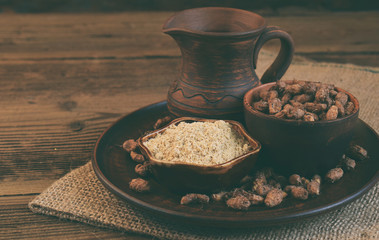 Сhufa milk and tigernut flour. Alternative type of milks. Vegan non-dairy milk. Lactose-Free Milk and Nondairy Beverages. Lactose intolerance. Gluten free. Grain free. Healthy food. Superfood.