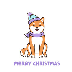Сute dog breed shiba inu in hat and scarf. Merry Christmas card. It can be used for sticker, patch, phone case, poster, t-shirt, mug and other design.
