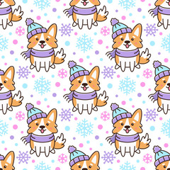 Seamless pattern with сute dog breed welsh corgi  in hat and scarf with snowflakes, on white background. Excellent design for packaging, wrapping paper, textile etc.