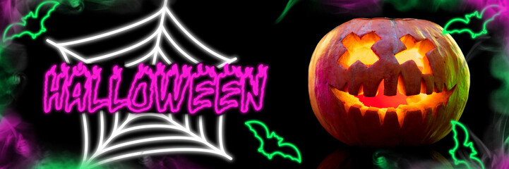 Scary pumpkins on black background, the night of fear. Bright neon design with pink and green colors. Halloween, black friday, cyber monday, sales, autumn concept. Flyer for your advertising.