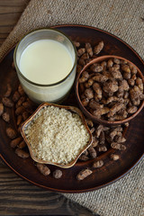 Сhufa milk and tigernut flour. Alternative type of milks. Vegan non-dairy milk. Lactose-Free Milk and Nondairy Beverages. Lactose intolerance. Gluten free. Grain free. Healthy food. Superfood.