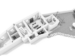Home floor plan top view 3D illustration.