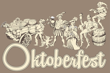 Fun characters celebrating Oktoberfest. Engraved style. Vector illustration. Suitable for posters, cards, t-shorts