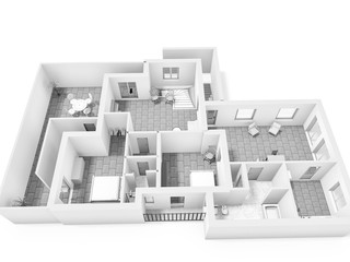 Suburban house interior. Black and White floor plan 3d of a modern apartment. 