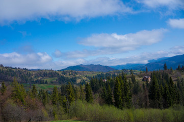 Mountain trip, cable car ride with mountain and forest view.