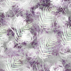 Watercolor vintage seamless pattern, floral pattern.Tropical pattern with a leaf of palm, fern, lavender, rose and peony flower. Plants, flowers, grass in floral background.  Abstract paint 