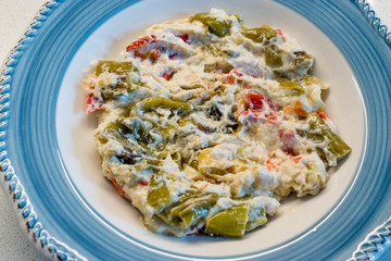 Turkish Food Roasted Green Pepper with Yogurt and Mayonnaise / Kavrulmus Biber Kozlemesi.