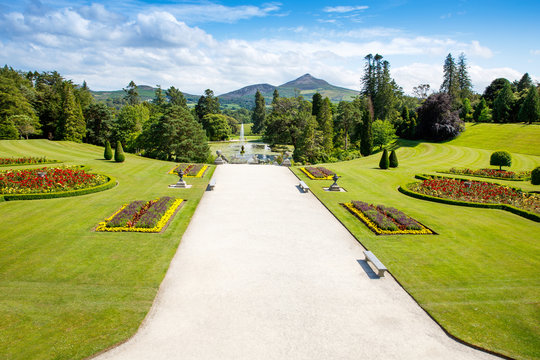 Powerscourt House at Powerscourt Garden. Panoramic view. It's one of leading tourism attractions in Enniskerry, Ireland