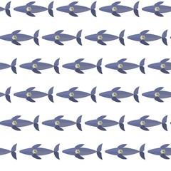 Seamless pattern from colorful whale with mechanic heart on white background. Low poly imitation, can be printed on textile, wallpaper, wrapping paper, greeting cards, wedding decoration, etc. Vector