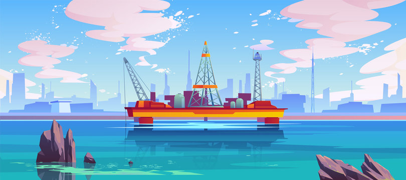 Oil derrick, rig semi-submersible platform, sea-based offshore drilling equipment for gas or petrol extraction on continental shelf. Petroleum pump industry technologies. Cartoon vector illustration