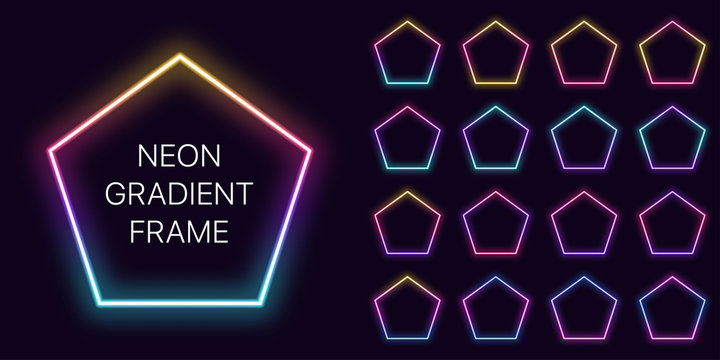 Neon gradient pentagon Frame with copy space. Templates set of Neon gradient pentagonal Border