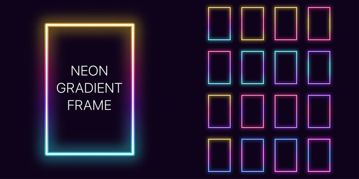 Neon Gradient Vertical Rectangle Frame With Copy Space. Templates Set Of Neon Gradient Rectangular Border