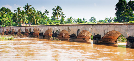 Landscape of the ancient bridge over the Mekong River.
