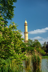 Cultural Landscape Area Complex Garden Minaret  View with Picturesque Blue Sky in Spring