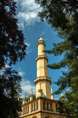 Cultural Landscape Area Complex Garden Minaret  View with Picturesque Blue Sky in Spring