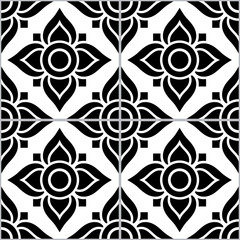Azujelo Lisbon tile vector pattern - Lisbon tiles seamless design with flowers , tile decor in black and white - Portuguese retro tile ornament, repetitve mosaic