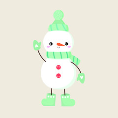 Vector graphics. Cute cartoon illustration of a snowman. Christmas funny character. Christmas cartoon icon. Winter  illustration. 