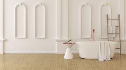 Fototapeta na wymiar View of bathroom in classic style with arch window design on sea view background. 3d rendering. 