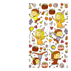 Vector illustration in cartoon style, active company of playful preschool kids jumping, at a party, birthday.