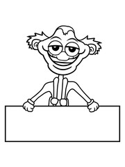 cartoon clown schild zeigen name plakat leere fläche schreiben clipart latzhose lustig gesicht grinsen komisch kopf große augen rote nase mund comic design grinsen lachen