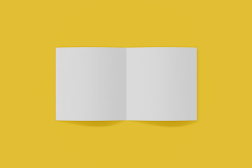 Mockup square booklet, brochure, invitation isolated on a yellow background with soft cover and realistic shadow. 3D rendering.