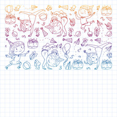Vector pattern with kindergarten, toy children. Happy children illustration. Gradient drawing on a notebook in a Squared notebook.