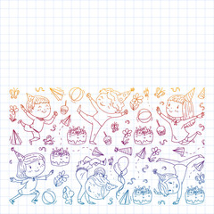 Vector pattern with kindergarten, toy children. Happy children illustration. Gradient drawing on a notebook in a Squared notebook.