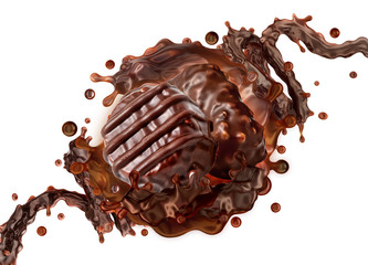 Milk chocolate sauce 3D splash, assorted milk chocolate praline candies dessert isolated on white background. Hot melt milk chocolate sauce cream, sweet milk chocolate candy splash design elements