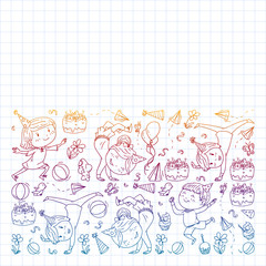 Vector pattern with kindergarten, toy children. Happy children illustration. Gradient drawing on a notebook in a Squared notebook.
