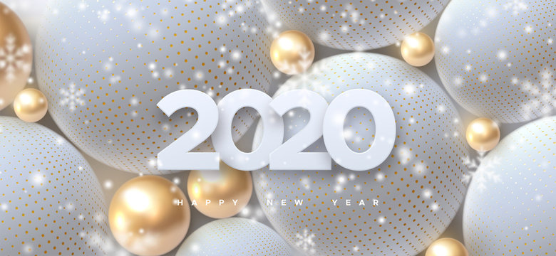 Happy New 2020 Year. Holiday vector illustration of white paper numbers 2020 and abstract balls or bubbles. Festive poster or banner design. Party invitation with falling snowflakes overlay texture