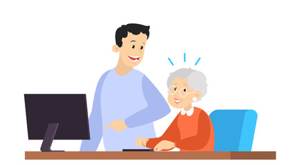 Man help old woman working on computer. Idea of modern