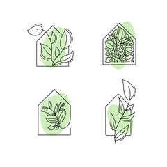 Vector eco house icon with leaves. logo template in black and green color isolated on white background. Doodle style. Design print poster, symbol decor