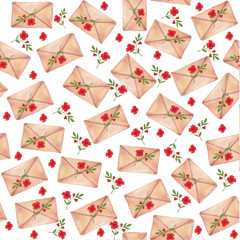 Background seamless of envelopes and red cute delicate watercolor flowers and leaves. Background for congratulations, wedding invitations