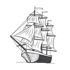Sea Ship, Sail Boat in the Sea. Vintage Wind Ship Transportation and Travel