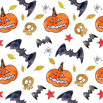 Seamless halloween pattern. Halloween background with drawing elements. Pumpkin, bat, skull and autumn leaves pattern. 