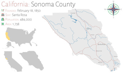 Large and detailed map of Sonoma county in California, USA