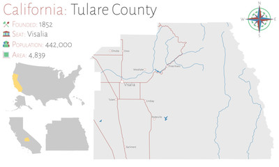 Large and detailed map of Tulare county in California, USA
