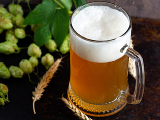 A glass mug of German wheat beer with a large foam cap on a dark background with green hops