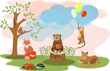 Obraz na płótnie Canvas children's drawing animals in a meadow near a tree