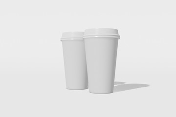 Set of two white paper mockup cup with a lid on a white background. 3D rendering
