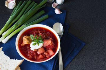 Beetroot soup. Traditional Ukrainian and Russian cuisine, soup cooked with beets and tomatoes.