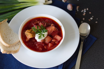 Beetroot soup. Traditional Ukrainian and Russian cuisine, soup cooked with beets and tomatoes.
