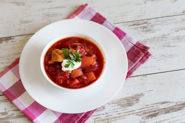 Beetroot soup. Traditional Ukrainian and Russian cuisine, soup cooked with beets and tomatoes.