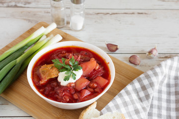 Beetroot soup. Traditional Ukrainian and Russian cuisine, soup cooked with beets and tomatoes.