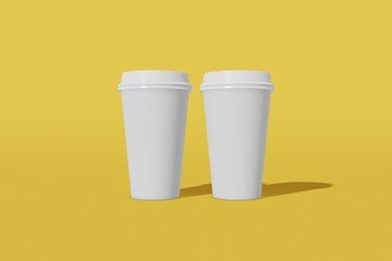Set of two white paper mockup cup with a lid on a yellow background. 3D rendering