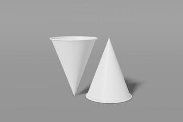 Two paper cups mockup cone shaped on a grey background. One of the cups is turned upside down. 3D rendering