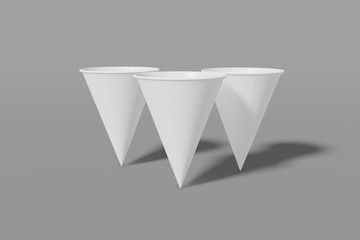 Set of three white paper mockup cups cone shaped on a grey background. 3D rendering