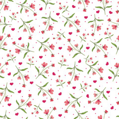 White seamless background of red cute delicate watercolor flowers and hearts and leaves. Background for congratulations, wedding invitations