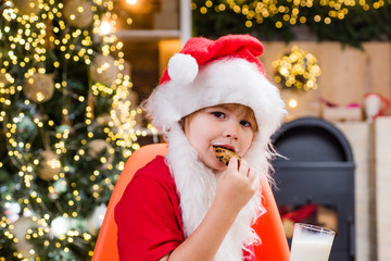 Cheerful Santa Claus holding glass with milk and cookie with fireplace and Christmas Tree in the background. Cookies for kids Santa Claus.